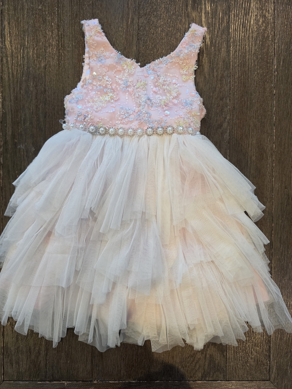 American Princess Pink & White Beaded Tulle Party Dress 5
